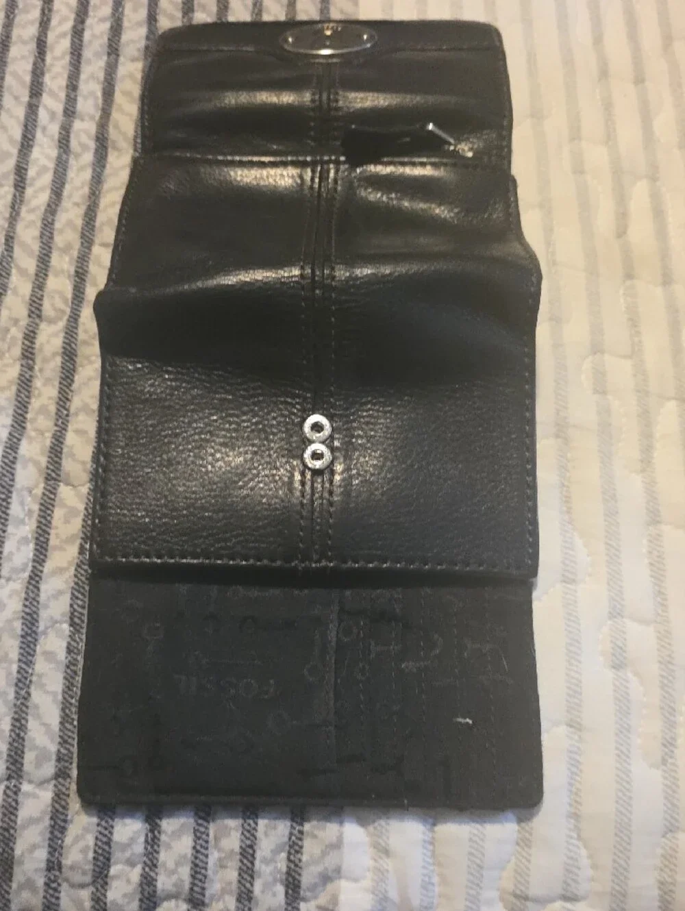 Fossil Black Leather Trifold Key & Card Holder with Silver Logo Plate